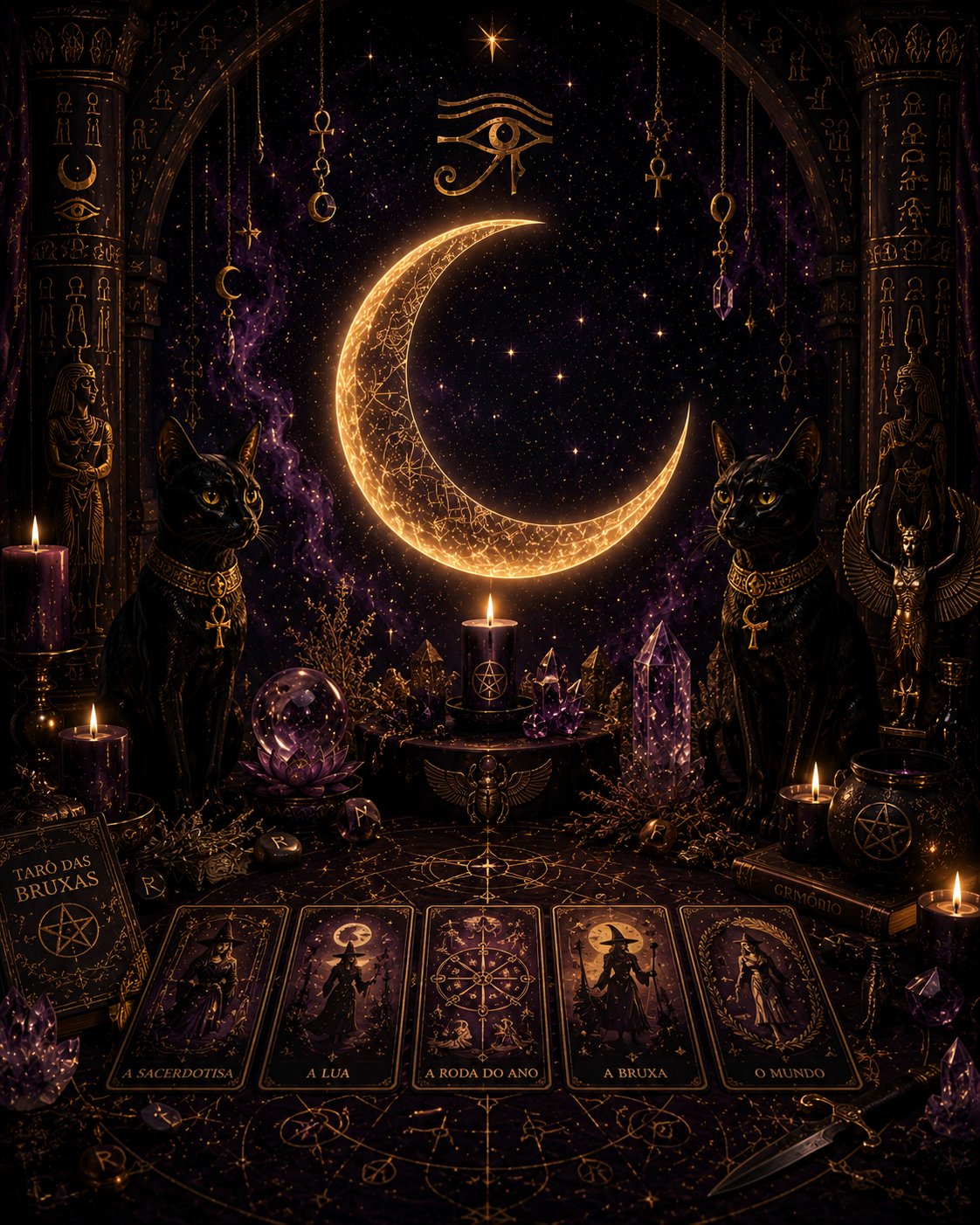 Altar místico com lua dourada, cartas de tarô e velas — Larissa Mística